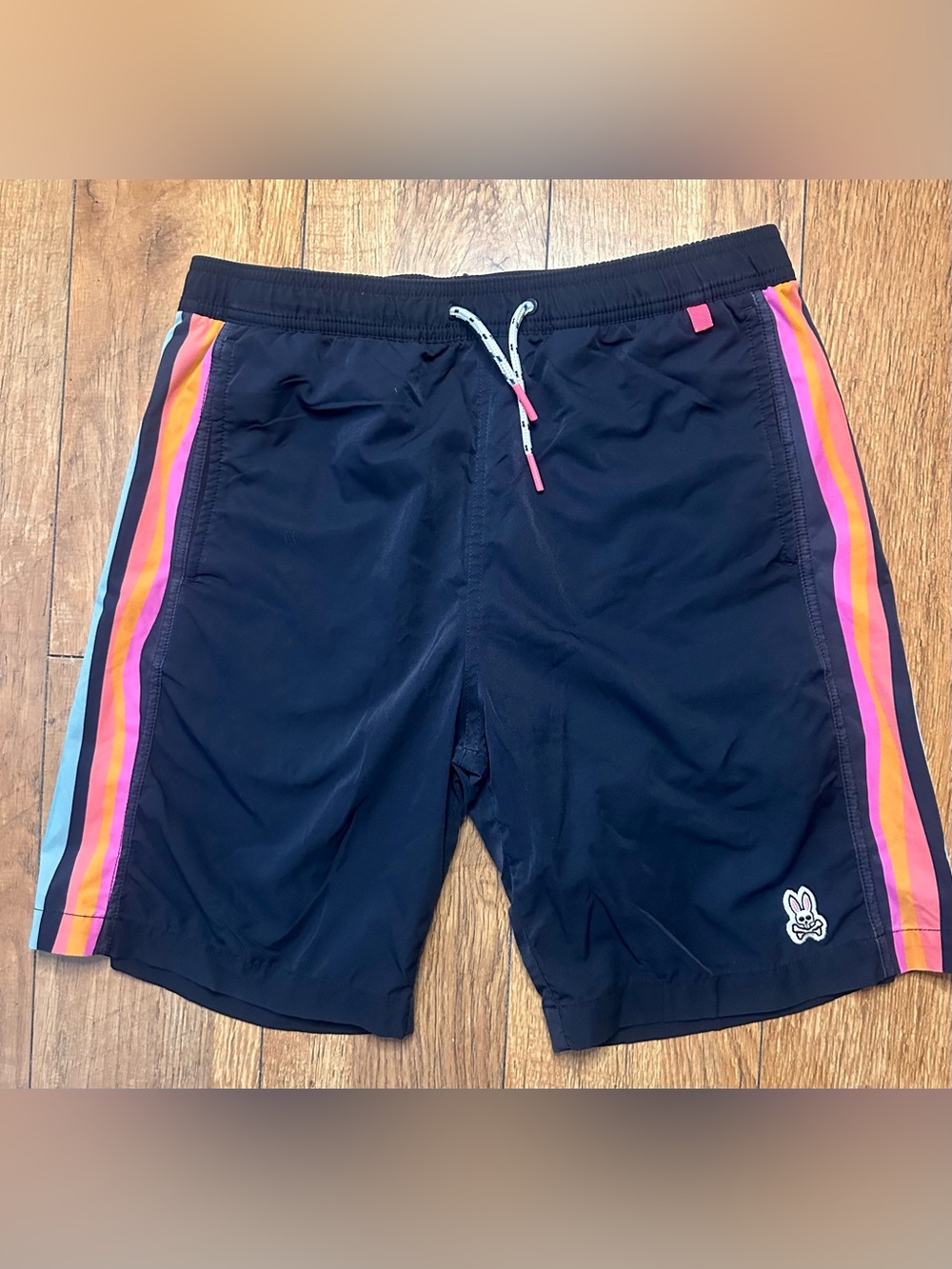 Psycho Bunny Boys Black Swim Trunks with Pink Orange Blue Side Stripes